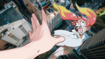 1girl 1other artist_self-insert black_eyes blonde_hair blue_shorts blurry building city depth_of_field falling feet_out_of_frame highres hikasa_tomoshika hikasa_tomoshika_(artist) hood hoodie long_hair meme motion_blur open_mouth orange_hair photo_background pov_cheek_grabbing_(meme) sharp_teeth shorts solo_focus teeth twintails v-shaped_eyebrows veins virtual_youtuber voms white_hoodie