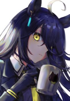 Rule 34 | 1girl, absurdres, ahoge, animal ears, black choker, black coat, black gloves, black hair, choker, close-up, closed mouth, coat, coffee mug, collared shirt, commentary, cup, ear tag, earrings, gloves, hair between eyes, highres, holding, holding cup, horse ears, horse girl, jewelry, long bangs, long hair, long hair between eyes, long sleeves, looking at viewer, manhattan cafe (creeping shadow) (umamusume), manhattan cafe (umamusume), minako larima, mug, multicolored hair, necktie, shirt, single earring, solo, symbol-only commentary, umamusume, upper body, white hair, yellow eyes, yellow necktie