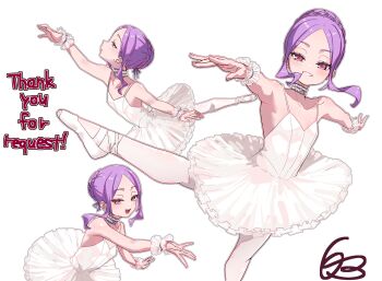 1girl ballet ballet_slippers braid braided_bun commission dancing dress fate/grand_order fate_(series) flat_chest hair_bun highres looking_at_viewer multiple_views niwaikanai open_mouth outstretched_arms pantyhose pink_eyes purple_hair skeb_commission smile spread_arms tutu white_dress white_pantyhose wu_zetian_(fate)