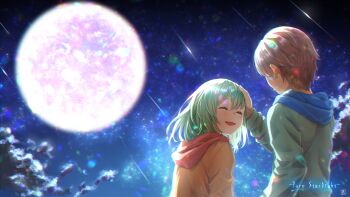 1boy 1girl ^_^ brown_hair closed_eyes commentary_request green_hair green_shirt hand_on_another&#039;s_head highres looking_at_another medium_hair original shirt short_hair signature yomo_(rb_crr)