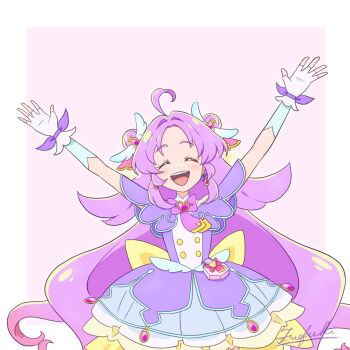 1girl ahoge akechi_anna arms_up back_bow bow brooch buttons capelet closed_eyes commentary cowboy_shot cure_answer dot_nose double-breasted double_bun dress facing_viewer fingerless_gloves fuefukipiper glove_bow gloves gradient_hair hair_bun hair_flaps hair_intakes hair_ornament happy heart heart_brooch highres jewelry large_bow layered_dress long_hair magical_girl meitantei_precure! multicolored_hair open_mouth pink_hair pouch precure purple_background purple_capelet purple_dress purple_gloves purple_hair purple_theme sidelocks signature simple_background smile solo standing yellow_bow