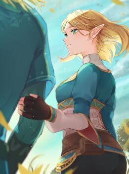 1boy 1girl ass belt black_gloves black_pants blonde_hair blue_shirt blue_sky blue_tunic blurry blurry_background braid breasts brown_belt brown_gloves champion&#039;s_tunic_(zelda) closed_mouth crown_braid falling_leaves fingerless_gloves floating_island from_behind from_side gloves grass green_eyes green_shirt hair_ornament hairclip hand_on_another&#039;s_arm highres juliet_sleeves leaf link long_sleeves nintendo outdoors pants parted_bangs petals pointy_ears princess_zelda profile puffy_sleeves seri_(yuukasakura) shiny_skin shirt short_hair signature sky solo_focus the_legend_of_zelda the_legend_of_zelda:_tears_of_the_kingdom tree tunic