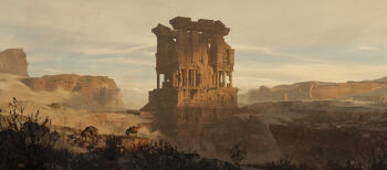 2others absurdres animal architecture canyon cloud cloudy_sky commentary desert donkey english_commentary felixriano grass highres landscape mesoamerican_architecture mountainous_horizon multiple_others no_humans original ruins scenery sky temple tower