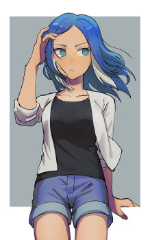 1girl black_shirt blue_eyes blue_hair blue_shorts border commentary grey_background inazuma_eleven inazuma_eleven_(series) inazuma_eleven_ares_no_tenbin jacket kokuro_(kosyari) long_hair looking_to_the_side multicolored_hair shirt shorts sleeves_rolled_up two-tone_hair urubida white_border white_hair white_jacket