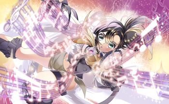 1girl artist_request asako_koito belt belt_buckle black_belt black_gloves black_hair black_shirt black_socks blue_eyes brooch buckle buttons clothing_cutout cropped_shirt determined feet_out_of_frame frilled_jacket frilled_sleeves frilled_socks frills furrowed_brow game_cg gem gloves green_shorts high_side_ponytail highres jacket jewelry kneehighs leg_cutout light_particles long_hair long_sleeves magic magical_girl mahou_shoujo_madoka_magica mahou_shoujo_madoka_magica_magia_exedra mahou_shoujo_oriko_magica midriff musical_note musical_staff official_art open_clothes open_jacket pink_gem purple_background scarf shirt short_shorts short_side_ponytail shorts sleeve_cuffs socks solo tareme thigh_belt thigh_strap third-party_source two-tone_background white_jacket yellow_background yellow_scarf