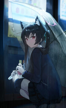 1girl absurdres animal_ear_fluff animal_ears black_hair blue_archive can cat_ears cat_girl chinese_commentary commentary_request drink_can extra_ears hair_between_eyes halo highres holding holding_umbrella jianjia long_hair looking_at_viewer night outdoors pink_halo red_eyes serika_(blue_archive) solo squatting transparent transparent_umbrella twintails umbrella vending_machine