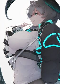 Rule 34 | 1girl, arknights, breasts, coat, covered navel, dress, feathered wings, fingerless gloves, from side, gloves, green eyes, grey hair, hair between eyes, hand up, head wings, highres, ho'olheyak (arknights), kakakaeru, large breasts, long sleeves, looking at viewer, medium hair, open clothes, open coat, parted lips, simple background, slit pupils, smile, snake tail, solo, tail, tight clothes, white background, white dress, wings