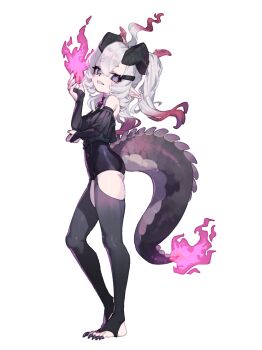 1girl absurdres ahoge black_horns black_leotard black_nails black_sleeves black_thighhighs blue_eyes breasts clenched_teeth commentary_request covered_navel detached_sleeves dragon_girl dragon_horns dragon_tail feet fire full_body gradient_hair hair_ornament hairclip hand_on_own_elbow highres holding_flame horns leotard long_hair long_sleeves looking_at_viewer mosou_keito multicolored_hair multiple_horns nail_polish original pink_fire pink_hair pink_horns pink_pupils pointy_ears sharp_toenails simple_background small_breasts solo standing stirrup_legwear tail teeth thighhighs toeless_legwear toenail_polish toenails two-tone_hair white_background white_hair