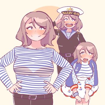 1girl anchor_symbol breasts brown_hair grey_hair hat jacket love_live! love_live!_sunshine!! military_uniform open_mouth paradise_chime sailor_collar salute shirt short_hair simple_background skirt solo watanabe_you