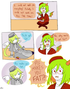 5koma angel_girl angel_wings apple_pie beret blonde_hair blue_eyes buttons capelet closed_eyes colored_skin comic cross cross_necklace demon_girl demon_horns demon_wings dress english_text fang food fork froze_(funamusea) funamusea gallaxi glasses green_hair grey_capelet grey_dress grey_hat haiiro_teien hat holding holding_fork holding_plate horns jewelry long_hair low_twintails necklace open_mouth pie plate red-framed_eyewear red_eyes red_hat red_sweater red_thighhighs shirt short_hair signature single_horn speech_bubble sweater thighhighs turtleneck turtleneck_shirt twintails white_shirt white_skin wide-eyed wings yosafire_(funamusea)