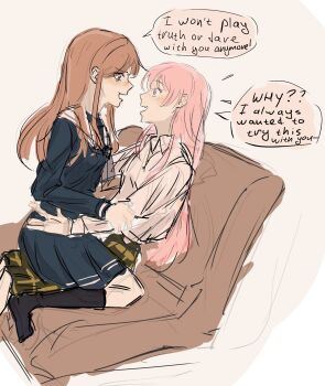 2girls bang_dream! bang_dream!_it&#039;s_mygo!!!!! black_socks blue_shirt blue_skirt brown_hair chihaya_anon commentary embarrassed english_commentary english_text eye_contact fang haneoka_school_uniform highres kneehighs long_hair looking_at_another multiple_girls nagasaki_soyo neionzero no_shoes open_mouth pink_hair pleated_skirt school_uniform shirt simple_background sitting sitting_on_lap sitting_on_person sketch skin_fang skirt socks tsukinomori_school_uniform white_background white_shirt yuri