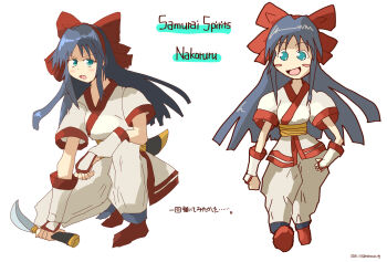 1girl ainu_clothes artist_name blue_hair breasts character_name dated fang fingerless_gloves gloves green_eyes hair_ribbon highres japanese_text legs long_hair looking_at_viewer medium_breasts multiple_views nakoruru open_mouth pants ribbon samurai_spirits serious smile snk squatting the_king_of_fighters thighs tongue translation_request weapon