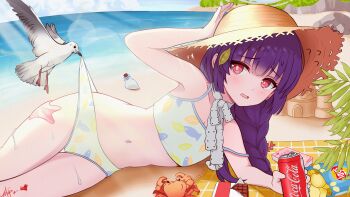 1girl animal_print beach bikini bird bird_droppings blue_archive blush bottle braid can candy chinese_commentary chips_(food) chocolate chocolate_bar cloud coca-cola commentary_request crab fish_print food grey_halo halo hat heart highres holding holding_can lay&#039;s_(potato_chips) leaf leaf_print looking_at_viewer miyu_(blue_archive) miyu_(swimsuit)_(blue_archive) pink_eyes pocky potato_chips purple_hair sand sand_castle sand_sculpture seagull shixinjintianmoyulema solo starfish straw_hat swimsuit water white_bikini