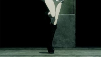 1girl animated animated_gif black_boots black_gloves blue_eyes bluesy_fluesy boots breasts collared_shirt female_focus gloves grey_hair highres legs long_hair looking_to_the_side miniskirt pleated_skirt ponytail shirt skirt sleeveless small_breasts solo solo_focus taboo_tattoo thighs white_skirt