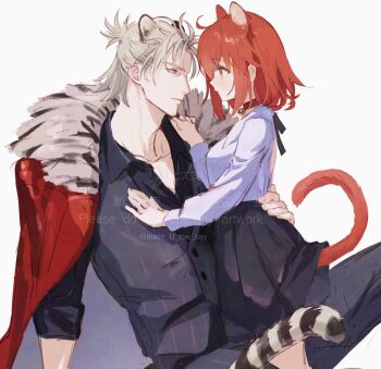 Rule 34 | 1boy, 1girl, alternate costume, animal ears, bell, cat boy, cat ears, cat girl, cat tail, coat, coat on shoulders, fate/grand order, fate (series), fomnant, fujimaru ritsuka (female), fur-trimmed coat, fur trim, grey eyes, grey hair, jacket, long sleeves, neck bell, pinstripe jacket, pinstripe pattern, pleated skirt, red coat, shirt, skirt, tail, takeda shingen (fate), takeda shingen (first ascension) (fate)