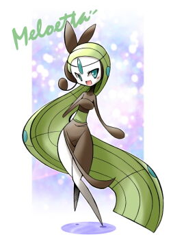 Rule 34 | 1girl, blue eyes, blush, gen 5 pokemon, green hair, hand on own chest, leg up, legendary pokemon, long hair, looking at viewer, meloetta, meloetta (aria), mythical pokemon, nintendo, open mouth, pokemon, rascal (feuille), skinny, wide hips