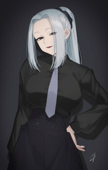 1girl black_background black_eyes black_shirt black_skirt breasts grey_hair grey_necktie hand_on_own_hip hayabusa_(vert_320) highres large_breasts long_hair long_sleeves looking_at_viewer necktie original ponytail shirt sidelocks signature skirt solo