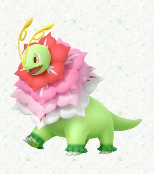 antennae claws colored_skin flower gen_2_pokemon green_skin highres long_neck mega_meganium mega_pokemon meganium nintendo no_humans official_art open_mouth pokemon pokemon_(creature) pokemon_focus pokemon_legends:_z-a sauropod smile solo tail yellow_eyes