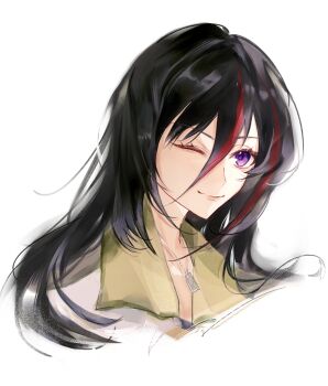 1girl absurdres black_hair closed_mouth commentary commission eiyuu_densetsu emilia_harling english_commentary highres jewelry kai_no_kiseki kuro_no_kiseki_(series) long_hair multicolored_hair necklace one_eye_closed pink_lips pppeipeipipi purple_eyes purple_pupils red_hair second-party_source smile solo streaked_hair two-tone_hair upper_body