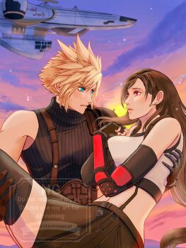 Rule 34 | 1boy, 1girl, aircraft, airship, armor, bare shoulders, black gloves, black hair, black skirt, black thighhighs, blonde hair, blue eyes, blush, breasts, carrying, closed mouth, cloud strife, commentary request, couple, crop top, earrings, elbow gloves, feet out of frame, final fantasy, final fantasy vii, final fantasy vii rebirth, final fantasy vii remake, fingerless gloves, gloves, hetero, highres, highwind, jewelry, large breasts, long hair, looking at another, midriff, miyu suzuhana, outdoors, princess carry, red eyes, ribbed sweater, shoulder armor, single arm guard, skirt, sleeveless, sleeveless turtleneck, spiked hair, sunset, suspender skirt, suspenders, sweatdrop, sweater, tank top, thighhighs, tifa lockhart, turtleneck, turtleneck sweater, white tank top