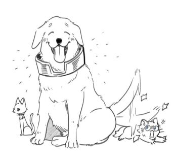 animal animal_focus animalization blue_eyes blush cat closed_eyes dog dungeon_meshi facing_viewer full_body happy_aura hitting kabru laios_touden lying meintaikoo mithrun no_humans on_stomach open_mouth partially_colored simple_background sitting tail tail_wagging white_background