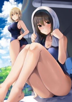 Rule 34 | 2girls, :o, asakura ageha, ass, bare arms, bare shoulders, barefoot, black hair, blonde hair, blue one-piece swimsuit, blush, breasts, cleavage, closed mouth, commentary request, ear piercing, foot out of frame, highres, knees up, large breasts, legs, looking at viewer, multiple girls, official art, omura saki, one-piece swimsuit, open mouth, outdoors, piercing, ryouma (galley), school swimsuit, sitting, smile, standing, swimsuit, thighs, towel, yumeochi - yume de bokura wa koi ni ochiru