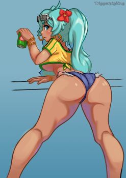 1girl alternate_costume alternate_skin_color aqua_hair arched_back arm_rest ass ass_focus bead_necklace beads bikini bikini_under_clothes blue_eyes blue_shorts bracelet brazilian_flag brazilian_flag_print brazilian_miku breasts can commentary crop_top dark-skinned_female dark_skin denim denim_shorts earrings english_commentary exposed_pocket eyewear_on_head flag_print flip-flops flower from_behind hair_flower hair_ornament hand_on_own_hip hatsune_miku hibiscus highres hip_focus holding holding_can jewelry kneepits long_hair multiple_bracelets navel necklace off-shoulder_shirt off_shoulder sandals shirt short_sleeves shorts side-tie_bikini_bottom sideboob sunglasses swimsuit tan thick_thighs thighs thong thong_bikini torn_clothes torn_shorts triggerpigart twintails underboob very_long_hair vocaloid
