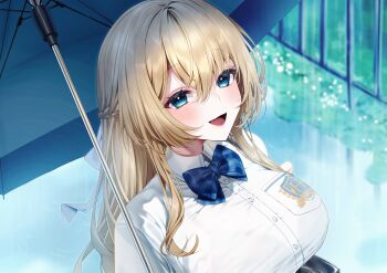 1girl :d absurdres bag blue_eyes blush bra bra_visible_through_clothes braid breasts collared_shirt grass haiba_09 hair_ribbon highres holding holding_umbrella large_breasts long_hair looking_at_viewer open_mouth original outdoors railing rain ribbon school_bag school_uniform shirt smile solo standing taut_clothes taut_shirt umbrella underwear upper_body white_shirt