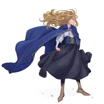 Rule 34 | 1girl, black skirt, blonde hair, blue cape, blue corset, boots, cape, clenched hand, commentary, corset, english commentary, floating cape, floating hair, full body, highres, long hair, looking to the side, original, profile, shirt, simple background, skirt, solo, speedoshi, standing, white background, white shirt