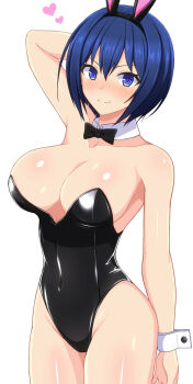 >:) 1girl animal_ears arm_at_side arm_behind_head arm_up bare_arms bare_shoulders black_bow black_bowtie black_hairband black_leotard blue_eyes blue_hair blush bob_cut bow bowtie breasts cleavage closed_mouth collarbone commentary_request covered_navel cowboy_shot detached_collar dolphin_wave fake_animal_ears groin hair_between_eyes hairband heart highleg highleg_leotard large_breasts leotard looking_at_viewer nose_blush playboy_bunny rabbit_ears short_hair simple_background smile solo standing strapless strapless_leotard tojou_michiru v-shaped_eyebrows white_background wrist_cuffs zack_(haiuinndo)