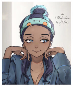 1girl alternate_costume black_hair blue_eyes blue_hair blush border breasts character_print chewtle cleavage closed_mouth collarbone commentary_request dark-skinned_female dark_skin echizen_(n_fns17) eyelashes gen_8_pokemon hair_bun hands_up highres long_sleeves multicolored_hair nessa_(pokemon) nintendo pajamas pokemon pokemon_swsh sideways_glance single_hair_bun smile solo two-tone_hair upper_body white_border