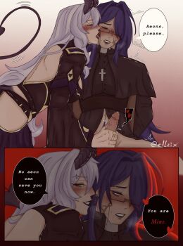 2girls acheron_(honkai:_star_rail) black_swan_(honkai:_star_rail) breasts cleavage commentary demon_girl el1zix english_commentary english_text futa_with_female futa_without_pussy futanari hair_spread_out highres honkai:_star_rail honkai_(series) large_breasts long_hair multiple_girls newhalf_with_female priest purple_eyes purple_hair smile very_long_hair yellow_eyes