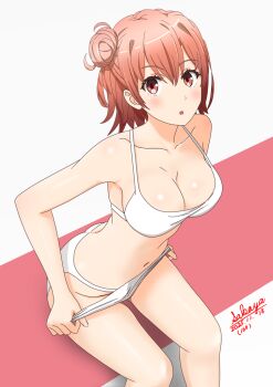 1girl :o ass bent_over bikini blush breasts cleavage clothes_pull collarbone commentary_request dated feet_out_of_frame hair_bun large_breasts looking_at_viewer orange_eyes orange_hair pink_background revision sakayaya short_hair shorts shorts_pull single_side_bun solo standing swimsuit two-tone_background undressing variant_set white_background white_bikini white_shorts yahari_ore_no_seishun_lovecome_wa_machigatteiru. yuigahama_yui