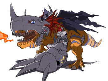 Rule 34 | analog boy02, blue eyes, breath weapon, breathing fire, cyborg, digimon, digimon (creature), dinosaur, fire, helmet, highres, horns, mechanical arms, metalgreymon, no humans, orange scales, red hair, sharp teeth, single mechanical arm, solo, teeth, torn wings, white background, wings
