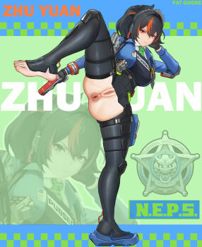 1girl absurdres anus black_hair breasts censored character_name fat_goose feet full_body gun handgun highres holding holding_weapon large_breasts multicolored_hair police police_uniform policewoman ponytail pussy solo split standing standing_on_one_leg standing_split streaked_hair toes weapon zenless_zone_zero zhu_yuan