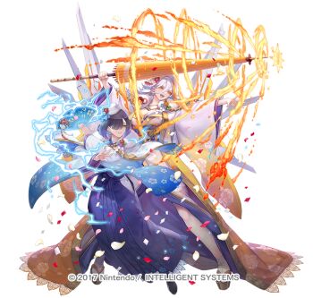 2girls attack baldr_(fire_emblem_heroes) baldr_(new_year's_elite)_(fire_emblem_heroes) blonde_hair blue_kimono breasts cleavage colored_inner_hair commentary_request drill_hair earrings fire fire_emblem fire_emblem_heroes floral_print flower fur-trimmed_kimono fur_trim geta gradient_clothes gradient_kimono haccan hair_flower hair_ornament hair_over_one_eye hakama hakama_skirt halo hand_fan heterochromia hodr_(fire_emblem) hodr_(new_year's_elite)_(fire_emblem) japanese_clothes jewelry kimono large_breasts lightning long_hair mechanical_wings multicolored_hair multiple_girls nintendo official_alternate_costume official_art oil-paper_umbrella open_mouth paper_fan red_eyes short_hair siblings simple_background sisters skirt smile streaked_hair tabi umbrella very_long_hair white_hair white_kimono wings yellow_eyes yellow_kimono
