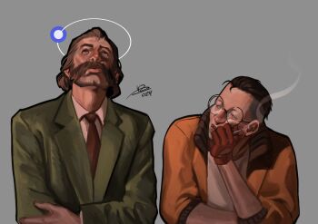 2boys :/ black_hair blazer bomber_jacket brown_hair buzz_cut cigarette collared_shirt commentary confused disco_elysium english_commentary facial_hair green_jacket hand_on_own_chin hand_on_own_face harry_du_bois highres holding holding_cigarette jacket kim_kitsuragi looking_at_another looking_up male_focus multiple_boys mutton_chops necktie nurve26 orange_jacket raised_eyebrow red_necktie shirt short_hair smoke smoke_trail unamused upper_body very_short_hair white_shirt