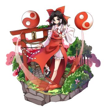 Rule 34 | 1girl, ascot, between fingers, black shoes, bloomers, bow, break~, brown eyes, brown hair, chinese commentary, commentary request, detached sleeves, embodiment of scarlet devil, full body, gohei, hair bow, hair tubes, hakurei reimu, highres, holding, holding gohei, holding ofuda, long hair, looking at viewer, ofuda, ofuda between fingers, orb, red bow, red skirt, ribbon-trimmed sleeves, ribbon trim, shoes, skirt, skirt set, socks, solo, torii, touhou, underwear, white bloomers, white socks, yin yang, yin yang orb