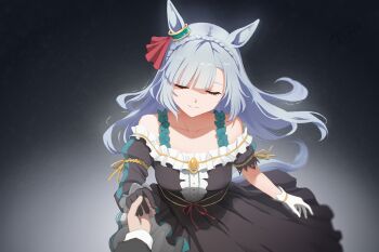 1girl acreen animal_ears artist_name asymmetrical_gloves asymmetrical_sleeves black_dress black_gloves blue_hair blunt_bangs braid breasts closed_eyes collarbone crown_braid dress frilled_dress frills gloves gradient_background grey_background hair_ornament highres holding_hands horse_ears horse_girl long_hair medium_breasts mejiro_ardan_(clinochlore_line)_(umamusume) mejiro_ardan_(umamusume) mismatched_gloves off-shoulder_dress off_shoulder signature simple_background smile umamusume white_gloves