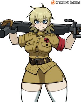 1girl absurdres arms_up belt blonde_hair blue_eyes breast_pocket breasts brown_belt brown_gloves brown_skirt closed_mouth gloves hellsing highres large_breasts looking_at_viewer muds pencil_skirt pocket seras_victoria short_hair short_sleeves simple_background skirt smile solo thick_thighs thighhighs thighs weapon white_background white_thighhighs