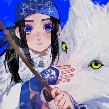 1girl ainu ainu_clothes asirpa azoto_chisso blue_eyes bow_(weapon) cloak closed_mouth commentary_request earrings fur_cloak golden_kamuy headband highres holding holding_bow_(weapon) holding_weapon hoop_earrings jewelry long_hair looking_at_viewer retar sidelocks simple_background weapon white_wolf wolf