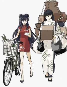Rule 34 | 1boy, 1girl, bag, bell, bicycle, bicycle basket, black hair, box, china dress, chinese clothes, commentary request, double bun, dress, hair bell, hair bun, hair ornament, highres, hiroko hiyokogm, long hair, mousse (ranma 1/2), ranma 1/2, red dress, shampoo (ranma 1/2), shopping bag, smile