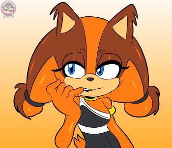 absurdres badger biting black_dress blue_eyes brown_fur dress female_focus finger_bite finger_in_mouth flat_color fur furry hair_ornament half-closed_eyes highres narrowed_eyes nervous orange_fur sega sirjzau solo sonic_(series) sonic_boom_(series) sticks'_finger_bite_(meme) sticks_the_badger teeth watermark