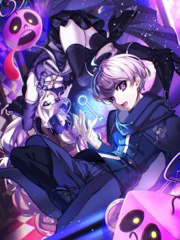 1boy 1girl ahoge black_thighhighs boots commentary_request gloves glowing high_heel_boots high_heels highres jacket key light_particles long_hair long_sleeves looking_at_viewer master_detective_archives:_rain_code nota_sayaka open_mouth purple_eyes purple_hair shinigami_(rain_code) short_hair smile thighhighs thighs twintails upside-down white_gloves yuma_kokohead