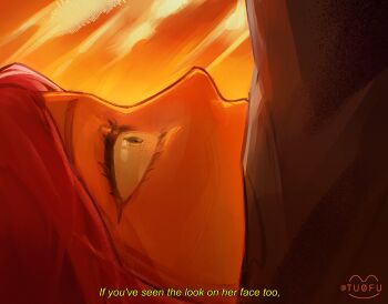 1girl alien_stage artist_name close-up commentary english_commentary english_text highres mizi_(alien_stage) orange_sky pink_hair sky solo subtitled sun tuofu