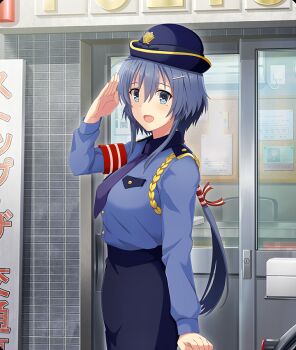 Rule 34 | 1girl, :d, blue eyes, blue hair, blue hat, blue necktie, blue shirt, breasts, buttons, cowboy shot, dot nose, from side, game cg, hair ornament, hairclip, hat, large breasts, long hair, long sleeves, looking at viewer, low ponytail, mole, mole under eye, necktie, official art, open mouth, outdoors, police, police hat, police uniform, policewoman, ponytail, red ribbon, ribbon, salute, setouchi chie, shirt, sign, smile, solo, storefront, striped ribbon, third-party source, toji no miko, toji no miko: kizamishi issen no tomoshibi