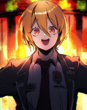 1girl :d black_coat blonde_hair burning carousel coat collared_shirt commentary_request don_quixote_(project_moon) hair_between_eyes hair_intakes highres lapels limbus_company looking_at_viewer necktie notched_lapels open_mouth outstretched_arms project_moon red_necktie shirt short_hair smile solo teeth temari_momiji upper_body white_shirt yellow_eyes