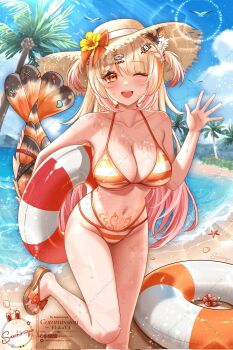 1girl animal_ears beach bikini blonde_hair breasts cleavage collarbone commentary day ebiko_(vtuber) english_commentary gradient_hair hat highres indie_virtual_youtuber innertube large_breasts long_hair looking_at_viewer multicolored_hair navel navel_piercing one_eye_closed open_mouth orange_eyes outdoors palm_tree piercing pink_hair pubic_tattoo saechimiya sandals shrimp_tail solo streaked_hair striped_bikini striped_clothes sun_hat swim_ring swimsuit tattoo tiger_ears tree virtual_youtuber watermark watermark_grid waving