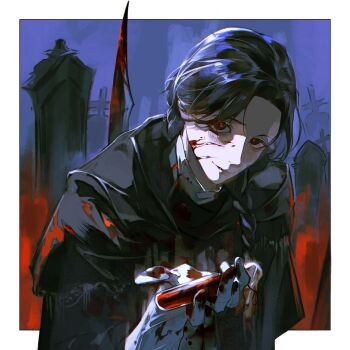 1girl absurdres adella_the_nun black_cloak black_eyes black_hair blood blood_on_clothes blood_on_face blood_on_hands blood_vial bloodborne bloody_weapon border braid chinese_commentary cloak closed_mouth commentary_request curtained_hair graveyard hair_over_shoulder highres holding holding_behind_back holding_vial holding_weapon holding_weapon_behind_back huanjueji-phantom long_hair night outside_border red_eyes red_pupils smile solo tombstone upper_body vial weapon white_border yandere