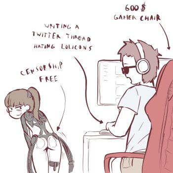 1boy 1girl anatomy_of_a_gamer_(meme) brown_hair child_gf_(orenji) english_text gamer_(orenji) loli looking_at_another naughty_face powerofsin seductive_smile smile tagme white_background